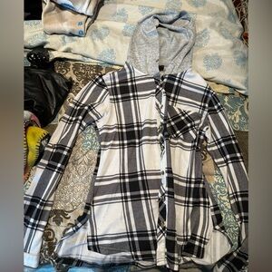 plaid black and white flannel with hoodie
